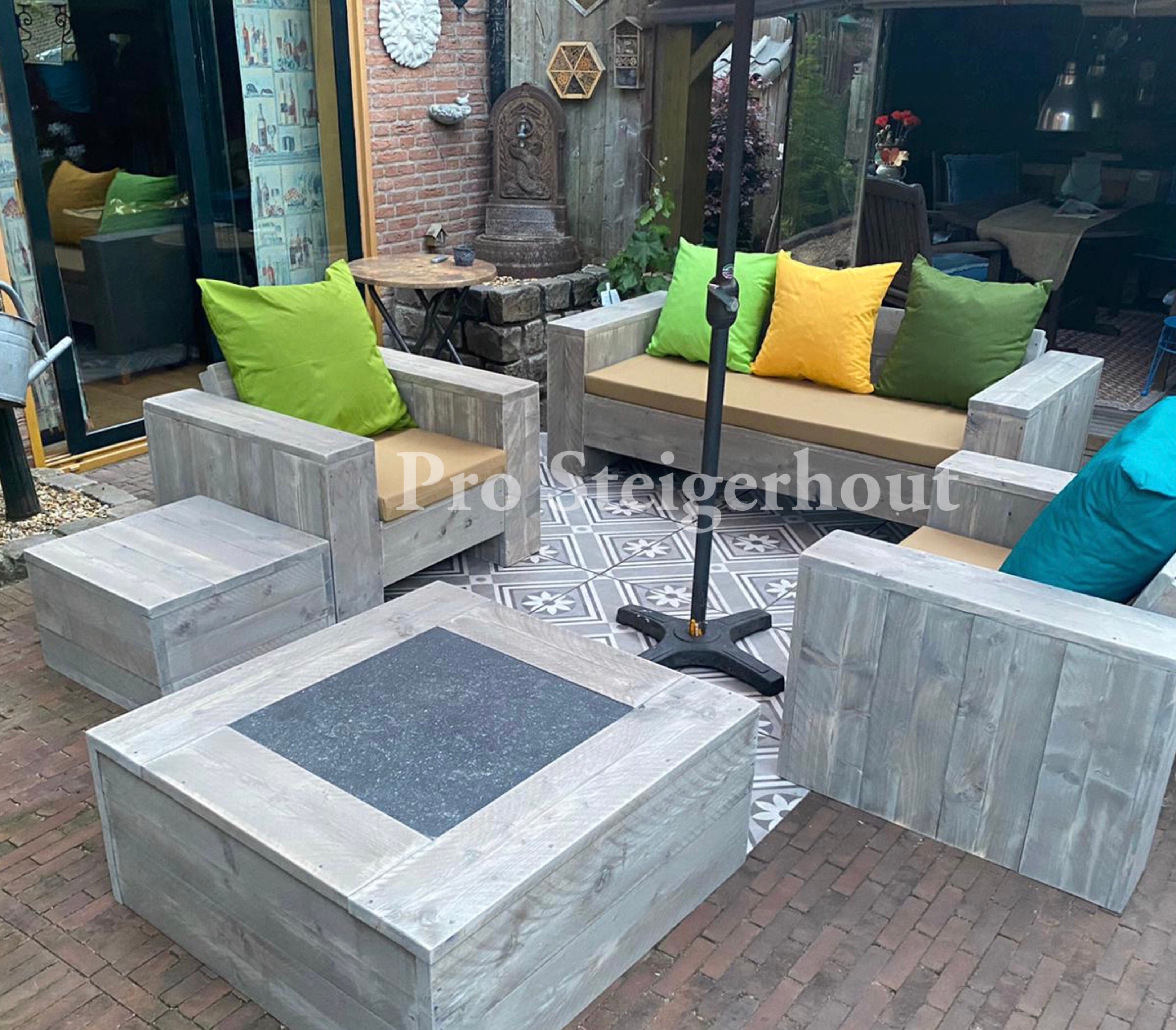Steigerhout Loungeset Deluxe (incusief bijzettafel met natuursteen)
