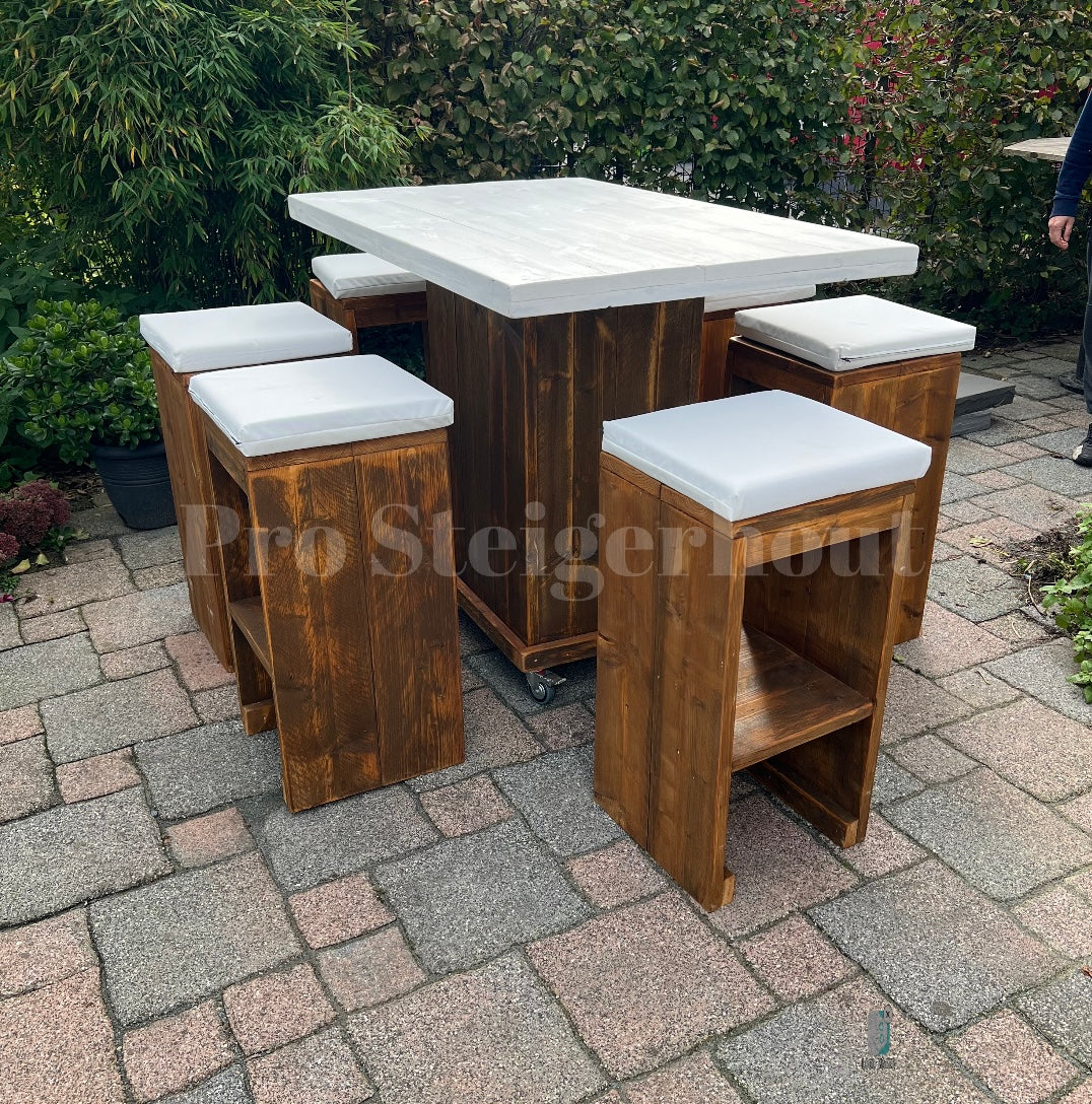 Steigerhout barset 6 tot 10 personen (tafel + krukken)