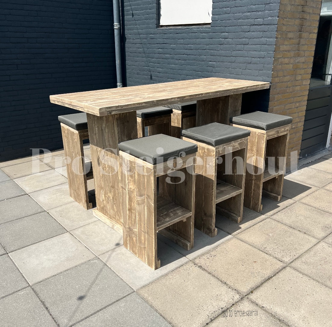 Steigerhout barset 6 tot 10 personen (tafel + krukken)