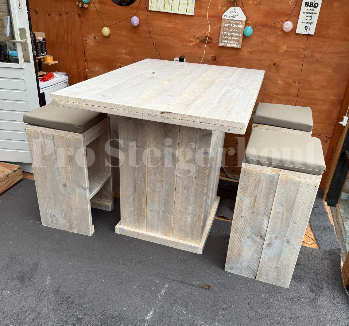 Gerüstholz-Barset für 2 bis 4 Personen (Tisch + Hocker)