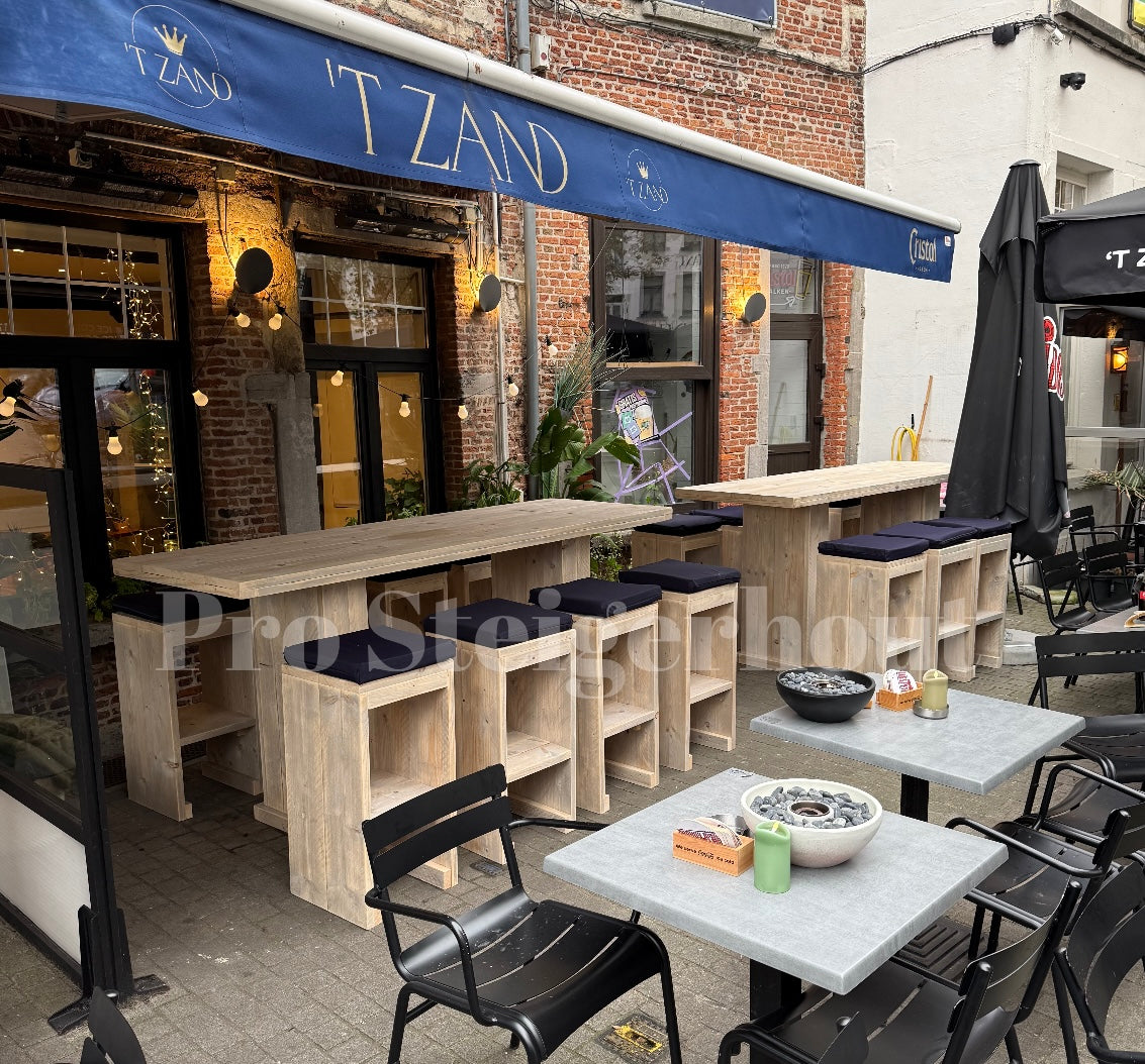 Steigerhout barset 6 tot 10 personen (tafel + krukken)