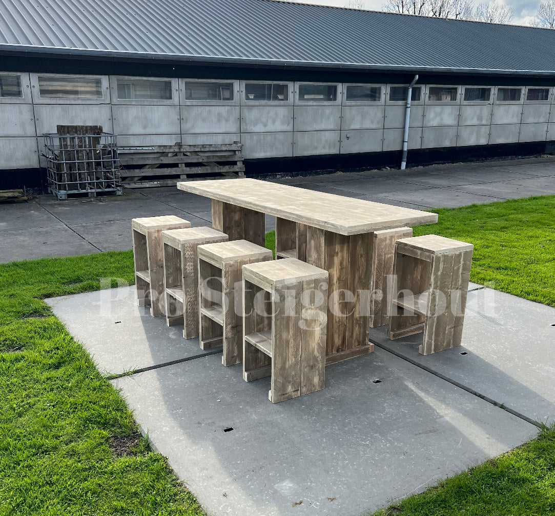 Steigerhout barset 6 tot 10 personen (tafel + krukken)
