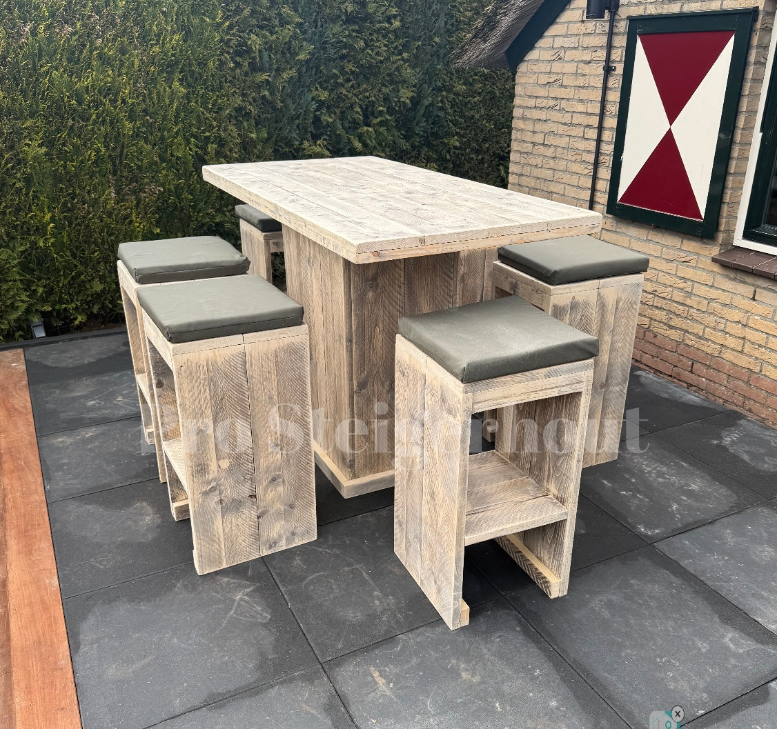 Steigerhout barset 6 tot 10 personen (tafel + krukken)