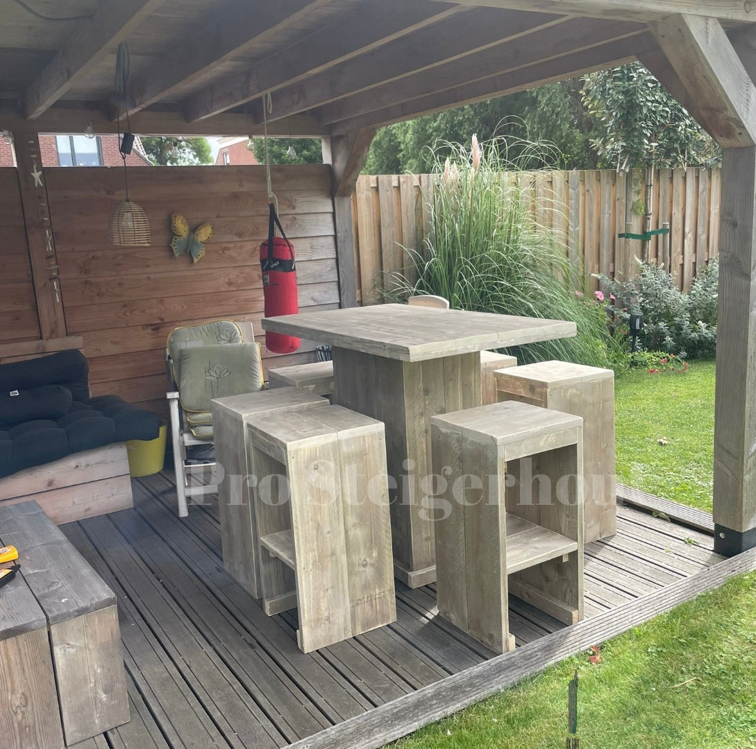 Steigerhout barset 6 tot 10 personen (tafel + krukken)