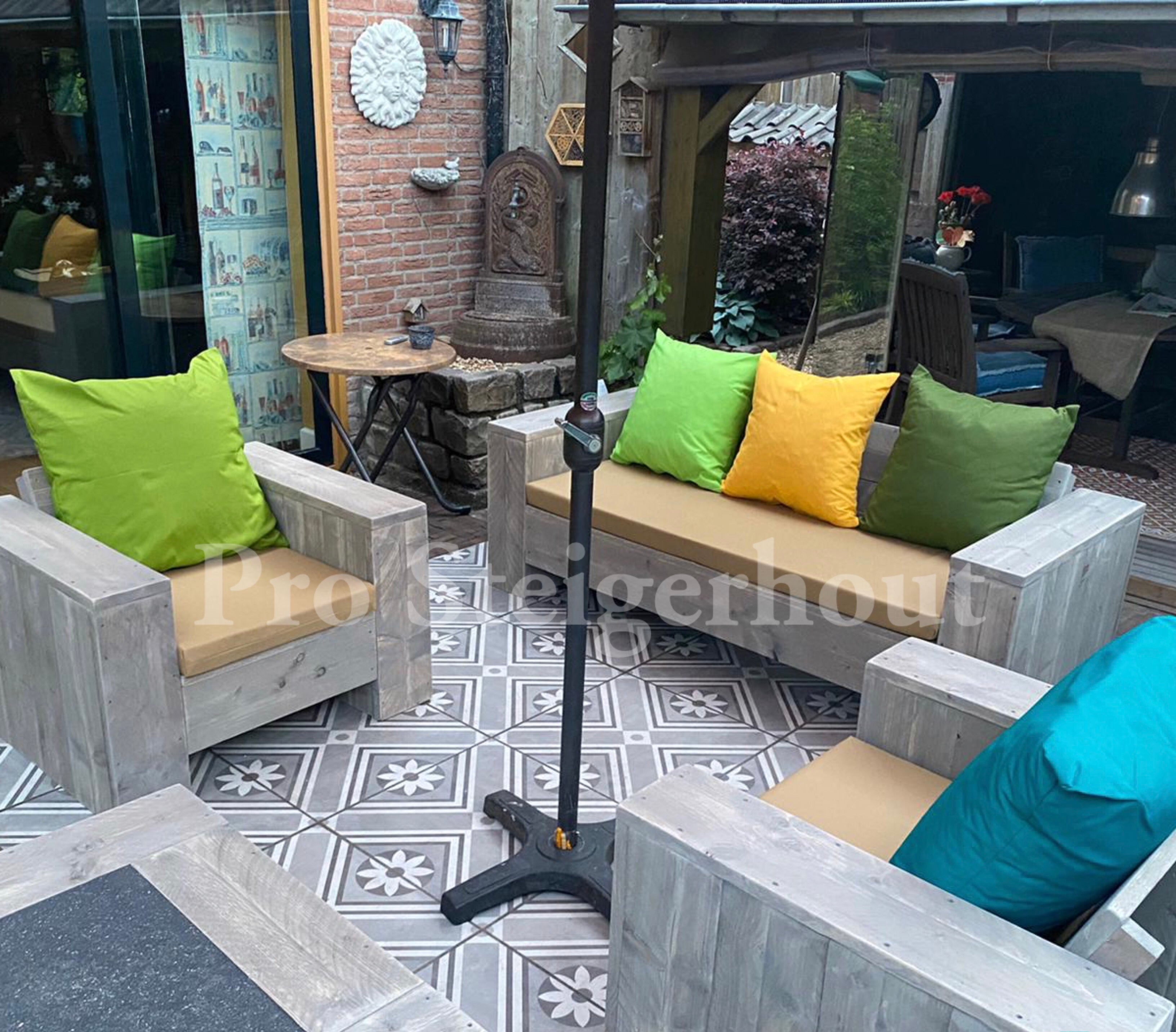 Steigerhout Loungeset Deluxe (incusief bijzettafel met natuursteen)